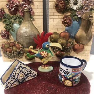 Wood tucán and talavera napkin and mug